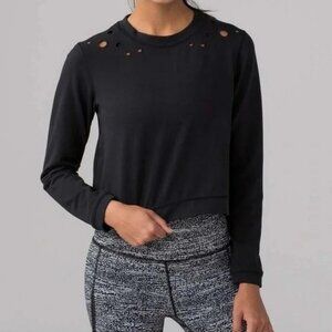 Lululemon Black Long Sleeve Space Eyelet Crew Neck Cropped Top Sweatshirt Size 6